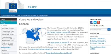 EU Kommission Webseite CETA